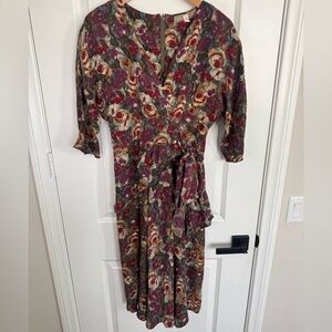Vintage Holly Harp Floral Jacquard 40’s Style Peplum Faux Wrap Midi Dress M
